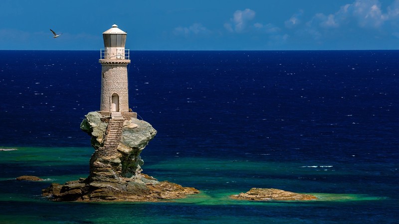 nature, landscape, water, sea, rocks, lighthouse, horizon, clouds, sky, Faro Tourlitis, Greece