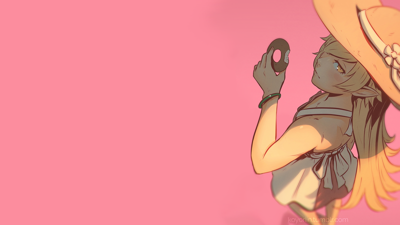 Oshino Shinobu, Koyorin, simple background, pink background, donut, hat, bracelets, dress, pointed ears, yellow eyes, blond hair, Monogatari Series, high angle
