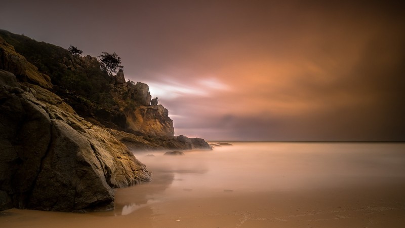 landscape, nature, sky, shore, rocks, beach, sea, mist, sand, long exposure