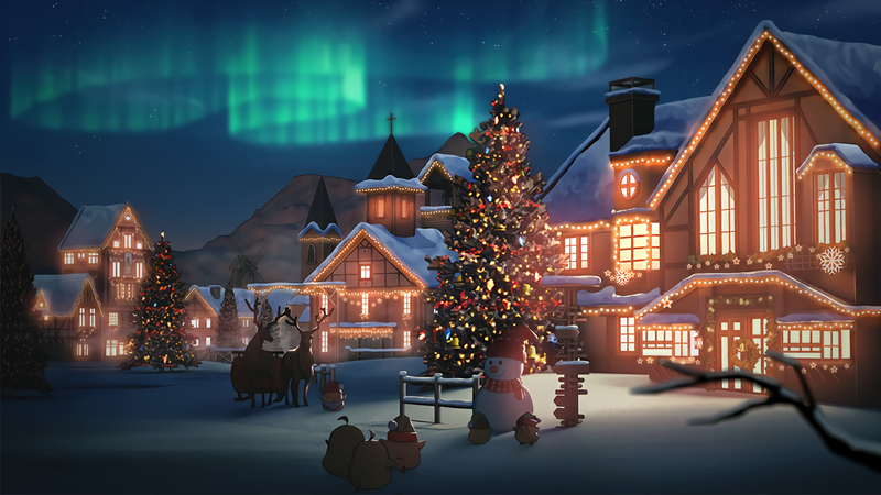 Azur Lane, Christmas, snow, night, manjuu, reindeer, aurorae