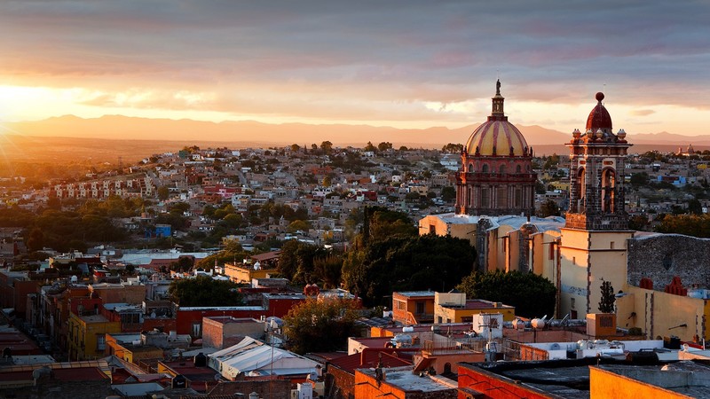 landscape, city, trees, house, clouds, sky, sun rays, sunset, church, Mexico