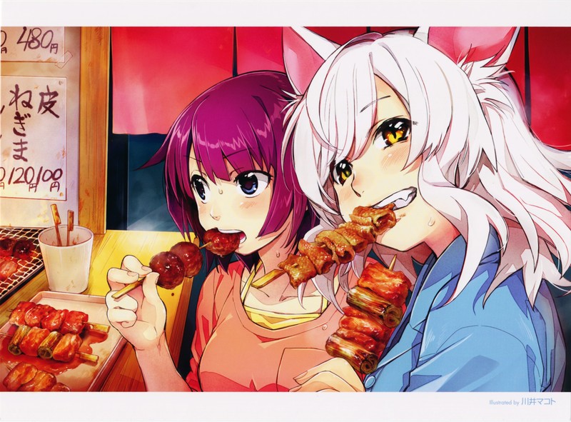 Monogatari Series, anime girls, monster girl, cat girl, neko ears, 2D, long hair, white hair, violet hair, anime girls eating, meat, looking at viewer, blushing, Senjougahara Hitagi, Hanekawa Tsubasa, Neko Hanekawa, yellow eyes, blue eyes, fan art