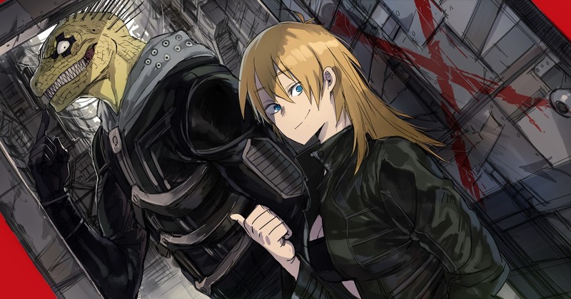Dorohedoro, anime girls, anime boys, Lizardmen, big boobs, long hair, cleavage, blond hair, looking at viewer, black tops, smiling, 2D, Kaiman (Dorohedoro), Nikaido (Dorohedoro), blue eyes, fan art