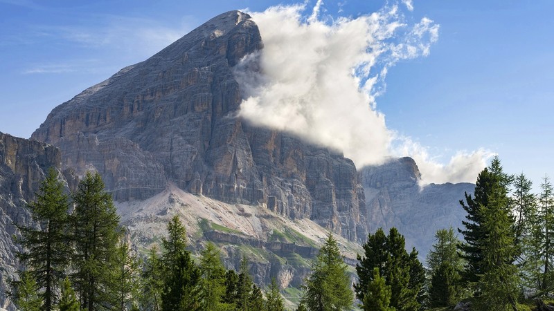 nature, landscape, mountains, trees, rocks, clouds, sky, Dolomites (mountains), Veneto, Italy