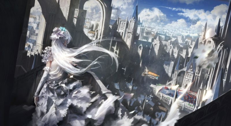 Kingdom, anime girls, white clothing, long hair, white hair, fantasy art, looking away