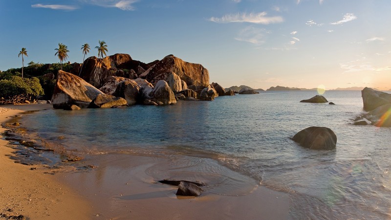 nature, landscape, rocks, sand, sunset, trees, clouds, beach, Caribbean, water, sea, Virgin Islands
