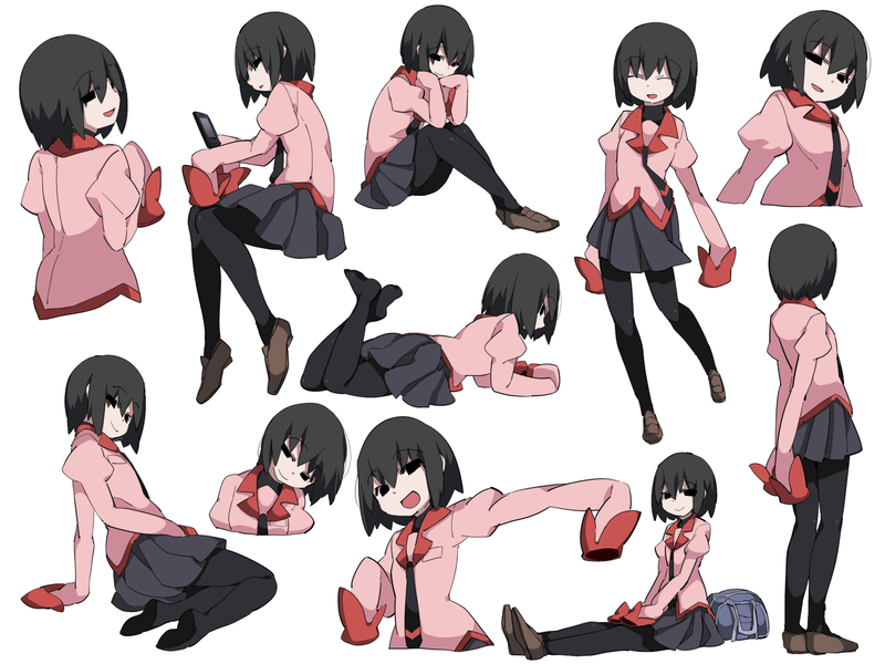 Monogatari Series, anime girls, small boobs, short hair, school uniform, JK, curvy, black hair, thighs, smiling, open mouth, pantyhose, Oshino Ougi, 2D, simple background, looking at viewer, black eyes, fan art, anime