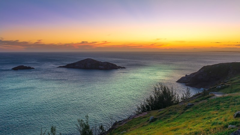 nature, landscape, clouds, sunset, sky, island, plants, grass, Rio de Janeiro, Brazil, horizon, beach