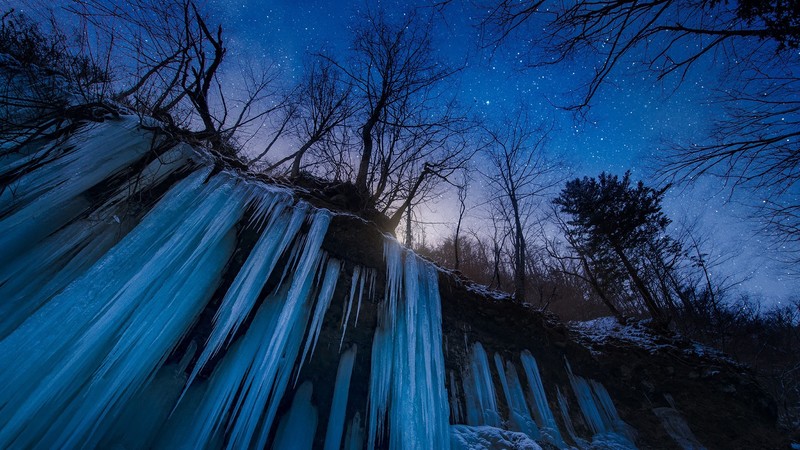 nature, landscape, night, trees, stars, frozen river, waterfall, frozen water, rocks, Japan, winter