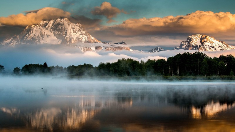 nature, landscape, trees, mountains, mist, clouds, sunset, lake, Grand Teton National Park, Wyoming, USA