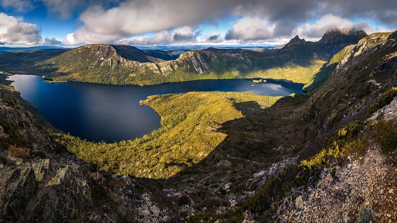 nature, landscape, trees, mountains, forest, lake, clouds, sky, Tasmania, Australia