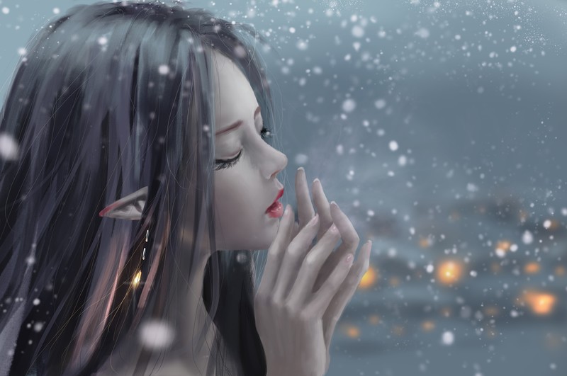 night, snow, Ydiya Kai, drawing