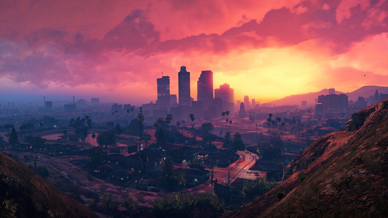 Grand Theft Auto, Grand Theft Auto V, sunset, city, mountains