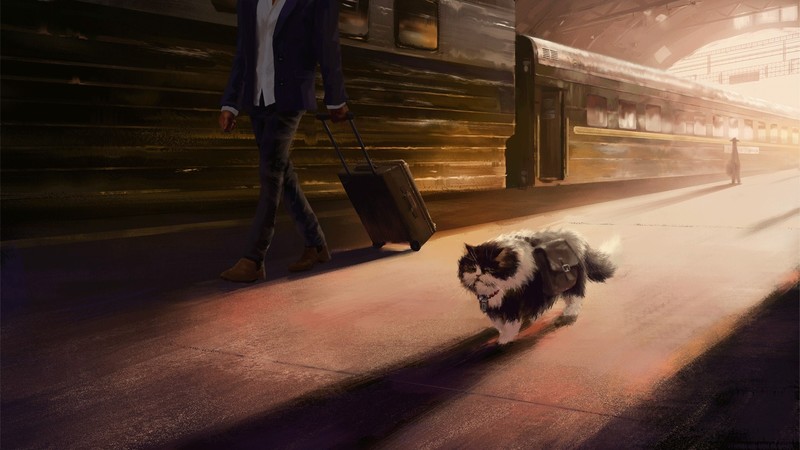 Andrew Palyanov, cats, train, animals, artwork