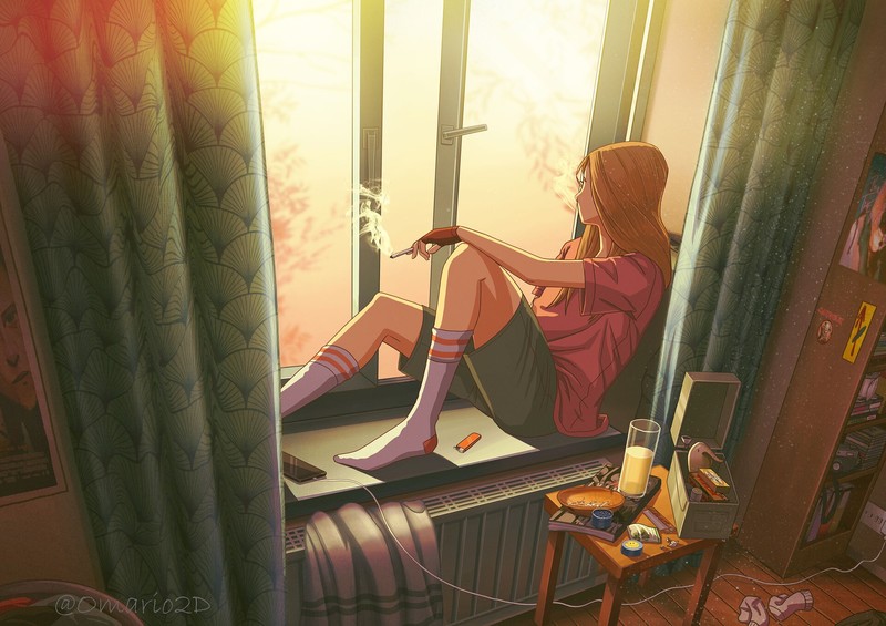 cartoon, by the window, window ledge, looking out window, indoors