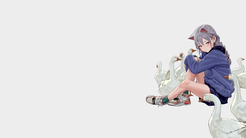 geese, nekomimi, anime girls, anime, animals, birds, sitting, white background, simple background