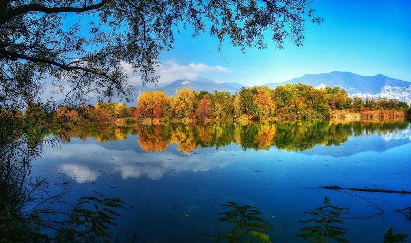 water, reflection, nature, lake, fall, trees, mountains