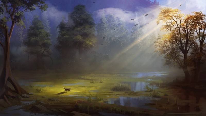 cats, nature, artwork, trees, sun rays