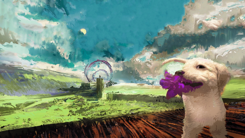 dog, landscape, paint brushes, painting, digital art, clouds, fantasy architecture