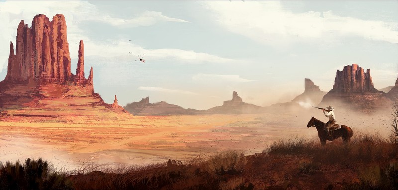 Leonardo Carrasco, artwork, western, concept art, cowboy, desert, horse, shooting