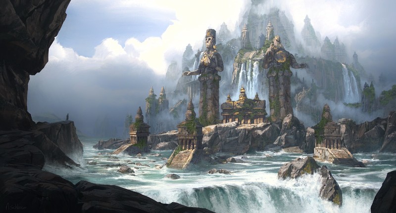 Niek Schlosser, Atlantis, fantasy art, island, sea, artwork