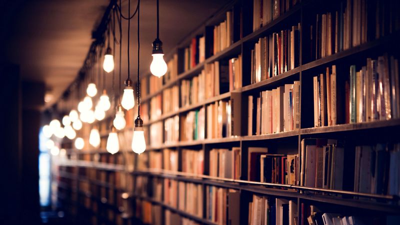 books, library, shelves, lighting, 4k