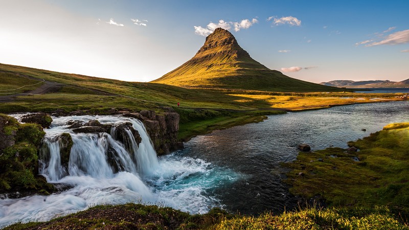 Andrey Brandis, landscape, mountains, peak, waterfall, river, water, sky, Kirkjufell, nature, calm