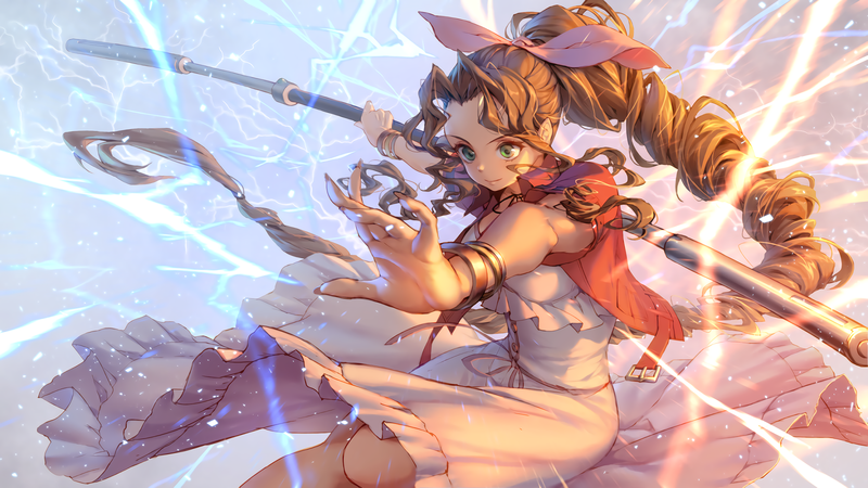 long hair, staff, magic, Aerith Gainsborough, anime girls, Final Fantasy VII