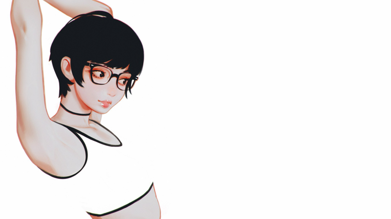 Ilya Kuvshinov, women, white background, simple background, glasses, short hair, choker, digital art, anime