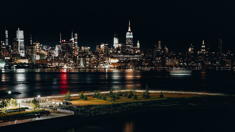 building, lights, water, night, photography, city, New York City, Empire State Building, Chrysler Building
