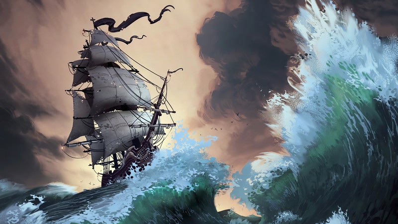 Lorenzo Lanfranconi, artwork, digital art, ship, storm, waves, Pirate ship