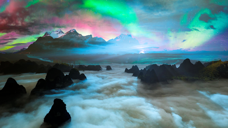 clouds, mountain chain, Aurora, landscape, digital, digital art