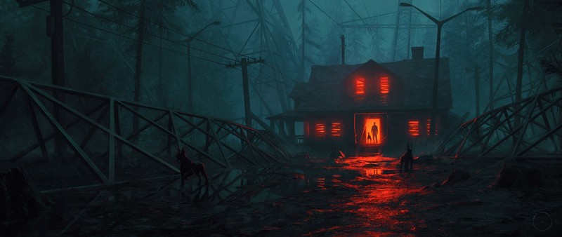 Gilles Ketting, night, dark, house, building, spooky, horror, trees, red