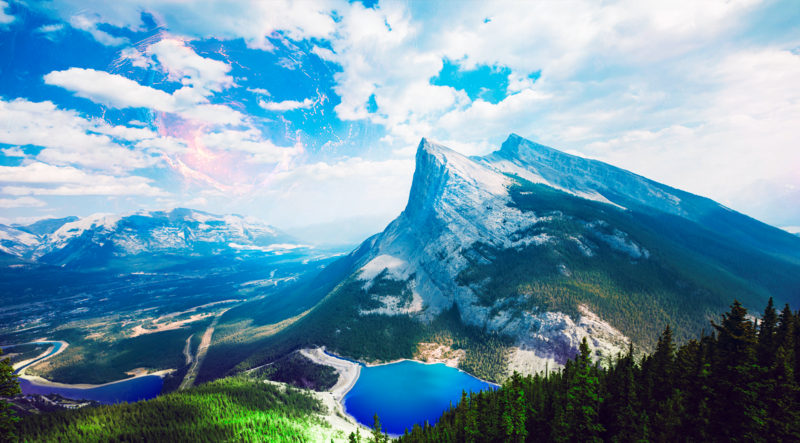 landscape, futuristic, forest, lake, sky, mountain chain