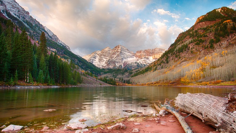 Colorado, USA, Aspen, maroon bells, mountains, nature, lake, water, reflection, trees, trunks, log, tree trunk, sky, clouds