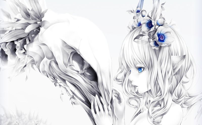 original characters, blue eyes, flowers, horns, skull, white hair, white background