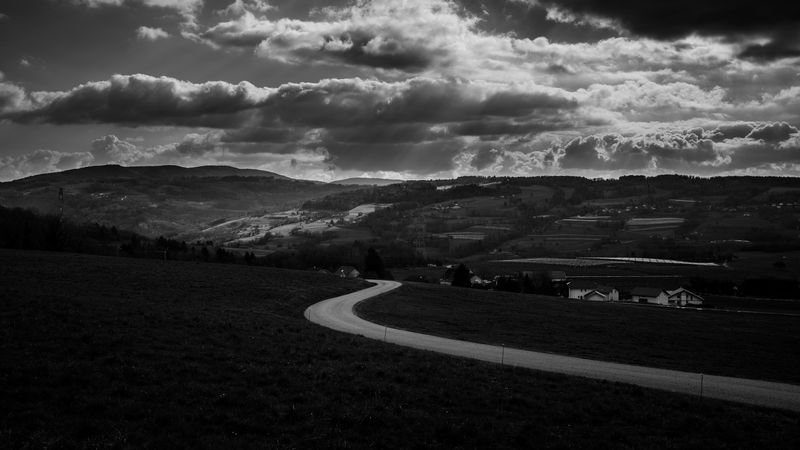 road, bw, turn, sky, clouds, 4k