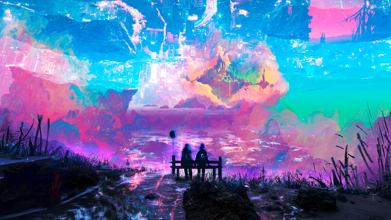 fantasy architecture, fantasy art, digital, landscape, futuristic, digital art, sky, pink, cyan