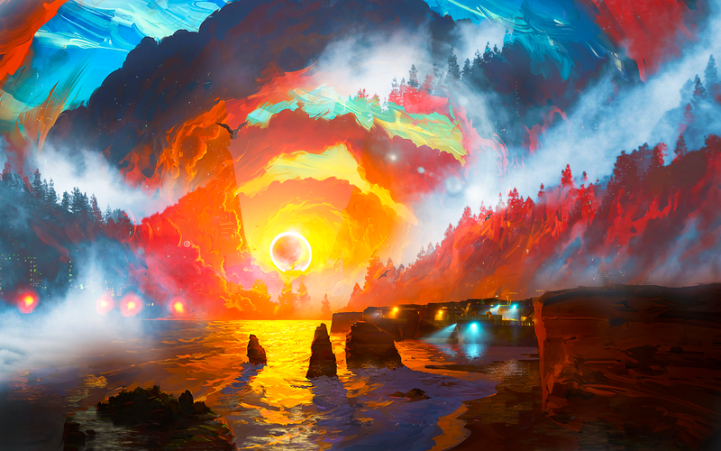 clouds, landscape, futuristic, digital art, digital, stars, Sun, sea, colorful