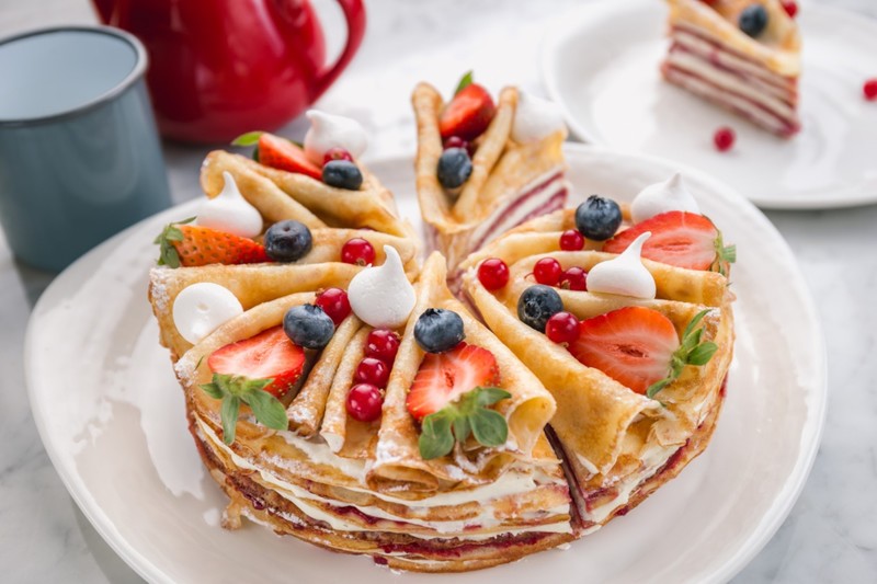 food, sweets, fruit, berries, crepes, blueberries, strawberries, red currant