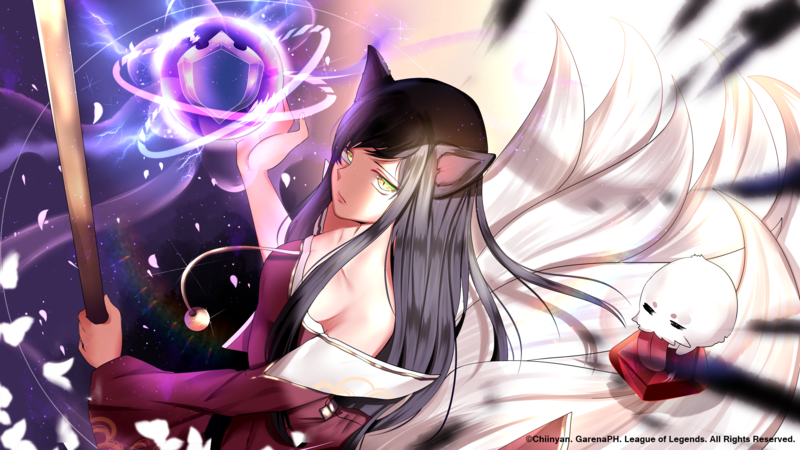 Ahri (League of Legends), League of Legends, Chiinyan, Poro, fox tail, Fox ears, long hair, dark hair, anime