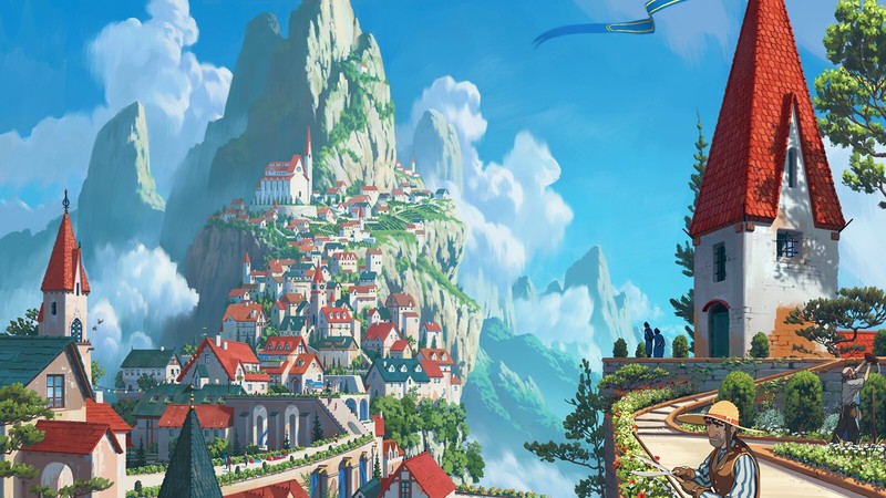 village, house, clouds, Lorenzo Lanfranconi, tower, rooftops, artwork, digital art, church