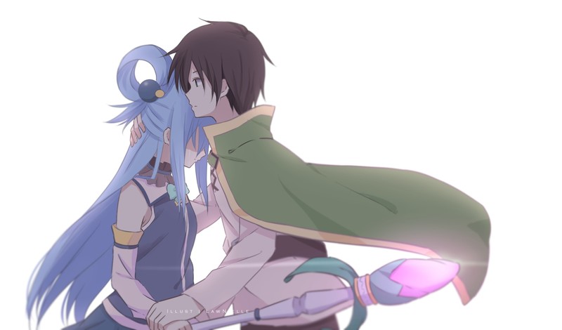 Kono Subarashii Sekai ni Shukufuku wo!, Sato Kazuma (KonoSuba), Aqua (KonoSuba), white background, crying, anime girls, anime