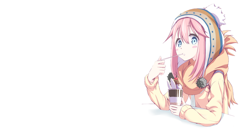 Yuru Camp, Nadeshiko Kagamihara, anime, anime girls eating, winter, pink hair, white background