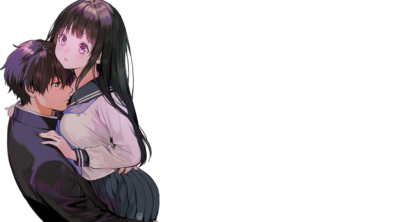 Hyouka, Chitanda Eru, white background, anime, anime girls, Oreki Houtarou