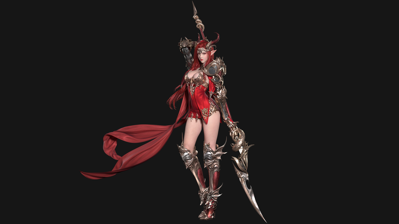 women, digital art, pointy ears, armor, gauntlets, redhead, fantasy weapon, spear, high heels, standing, simple background, dark background, pointed ears, red eyes, long hair, League of Angels, horns, video games, cleavage