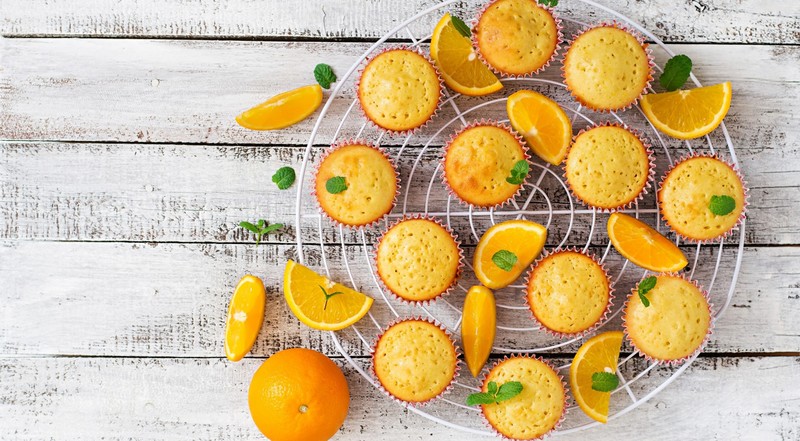muffins, colorful, sweets, food, fruit, orange (fruit), mint leaves, wooden surface, leaves, top view