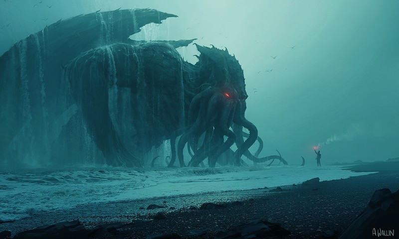 artwork, Cthulhu, ArtStation, digital art, fantasy art, rain, beach, creature, Andree Wallin, H. P. Lovecraft, science fiction