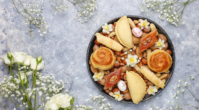 flowers, plants, food, nuts, sweets, roses, top view