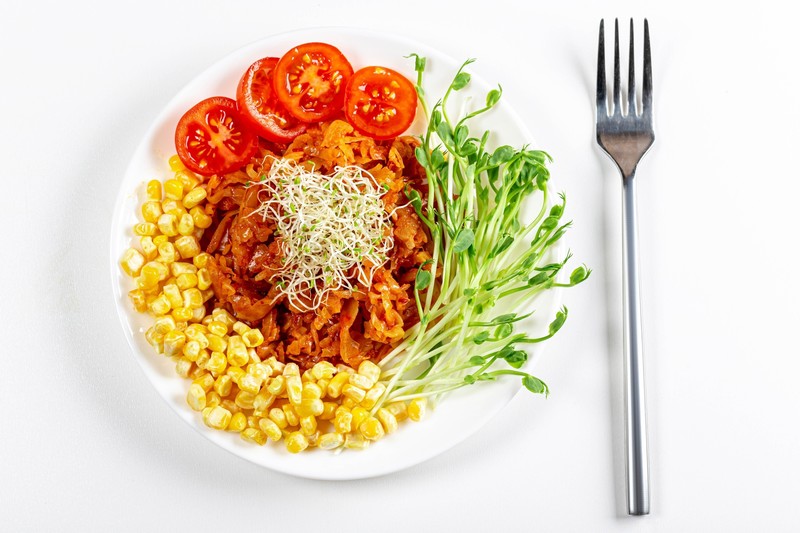 white, red, fork, tomatoes, food, corn, top view, simple background, white background